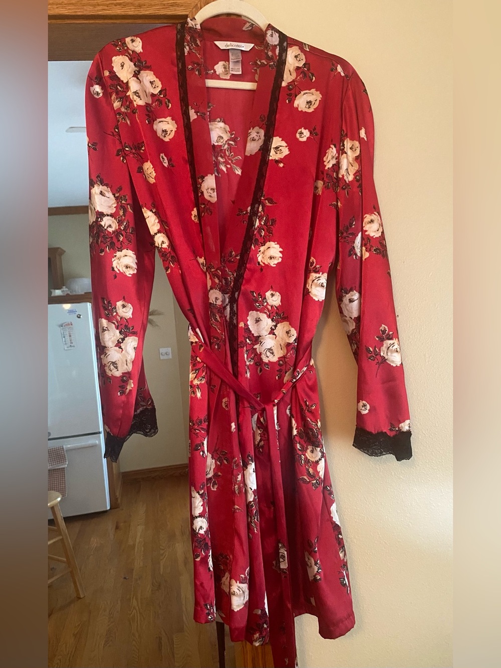 Delicates Red Floral Satin Robe with Lace Trim size M